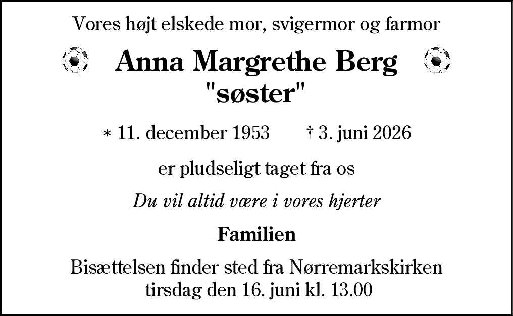 Dødsannonce for Anna Margrethe Berg