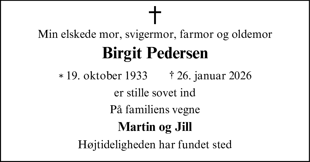 Dødsannonce for Birgit Pedersen