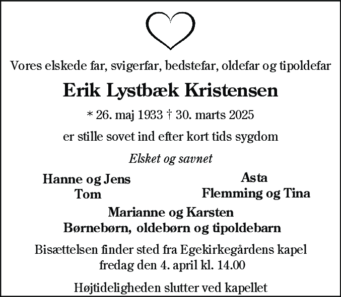 Dødsannonce for Erik Lystbæk Kristensen