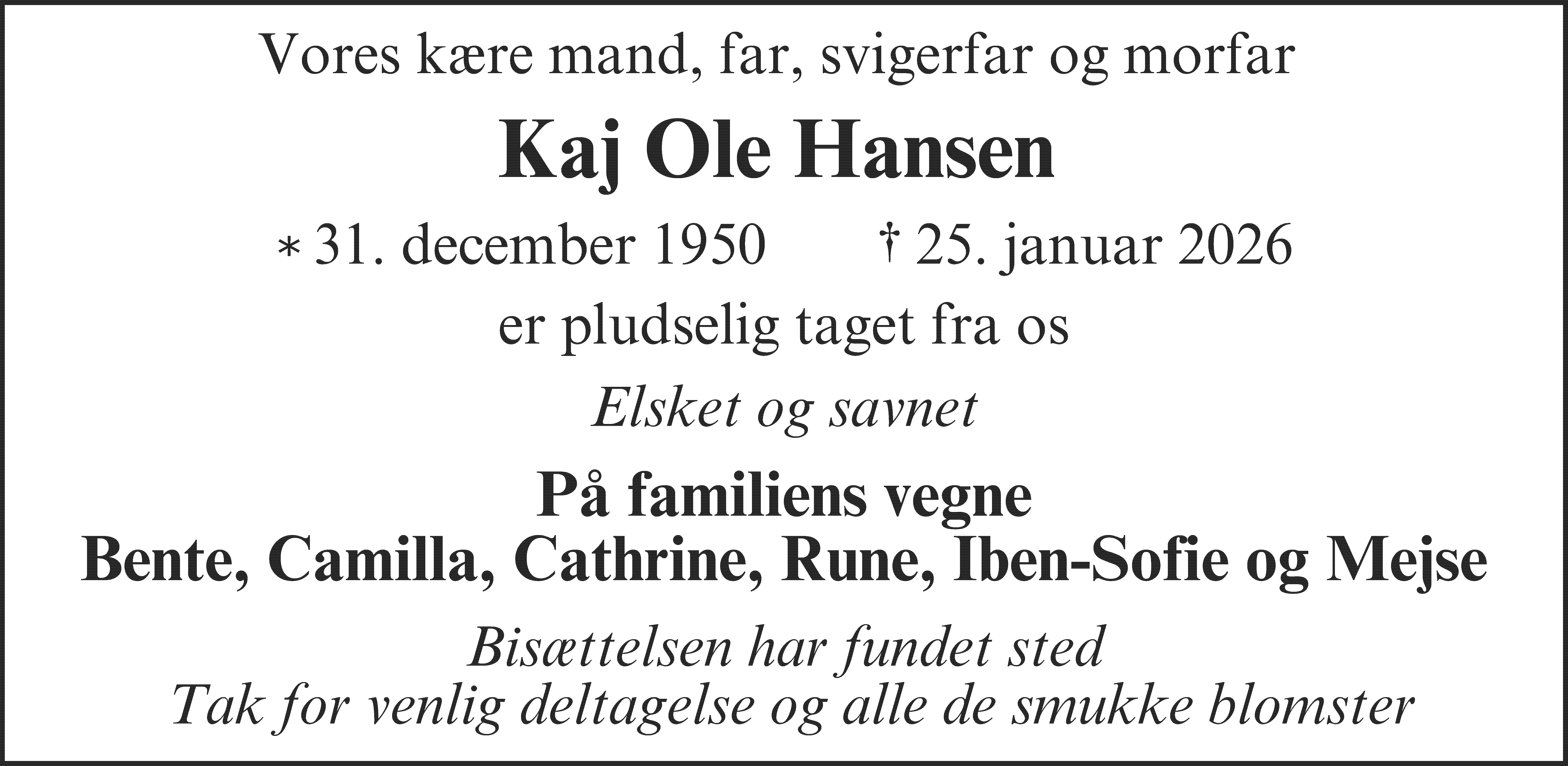 Dødsannonce for Kaj Ole Hansen