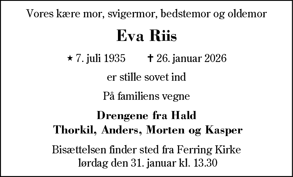 Dødsannonce for Eva Riis