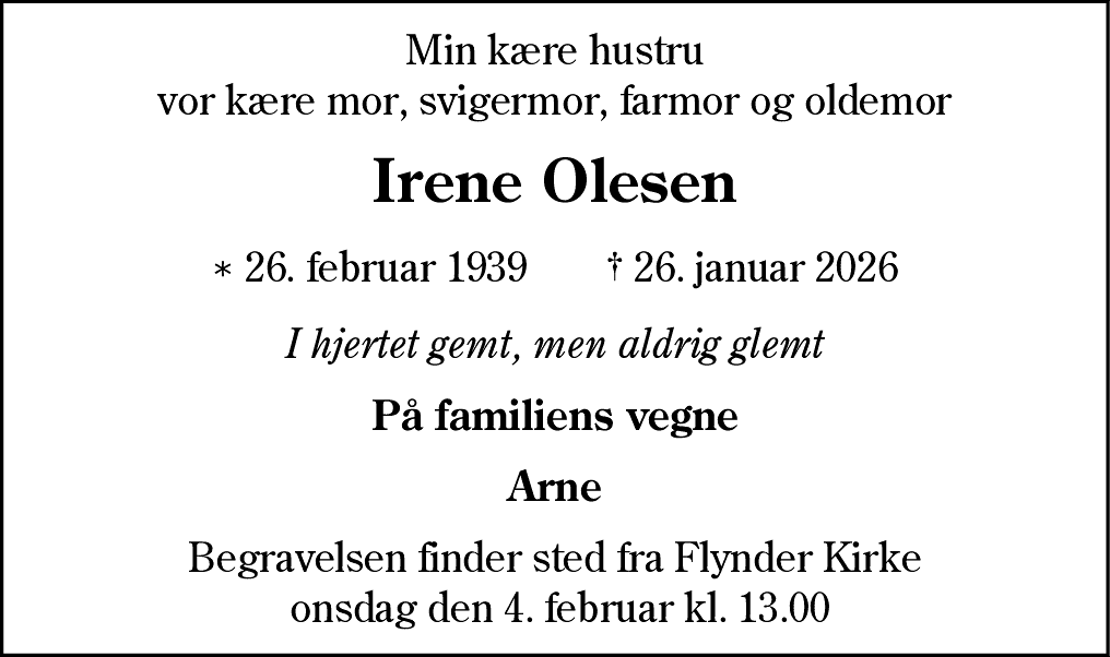 Dødsannonce for Irene Olesen