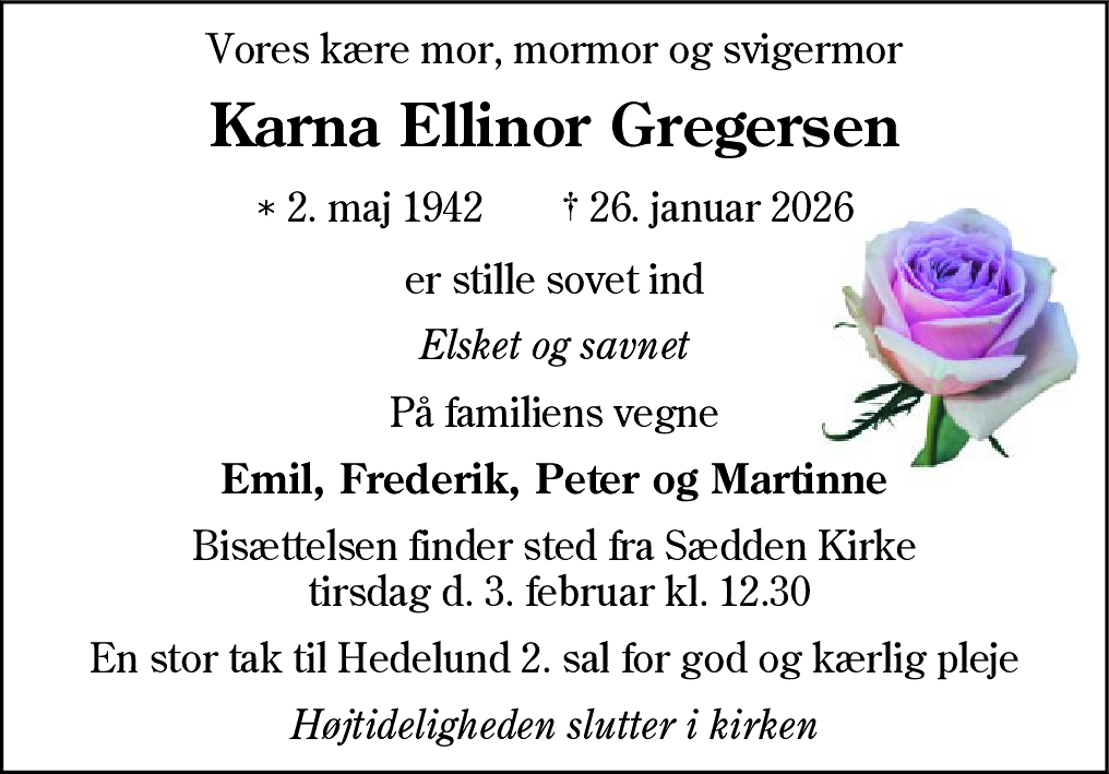 Dødsannonce for Karna Ellinor Gregersen