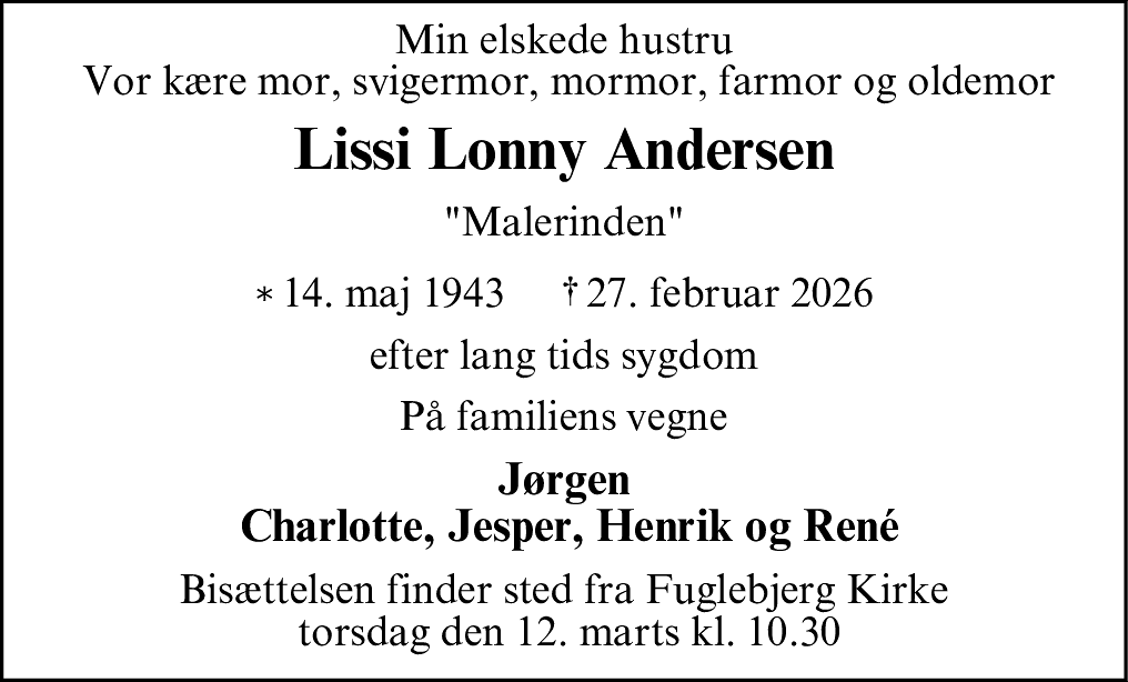 Dødsannonce for Lissi Lonny Andersen