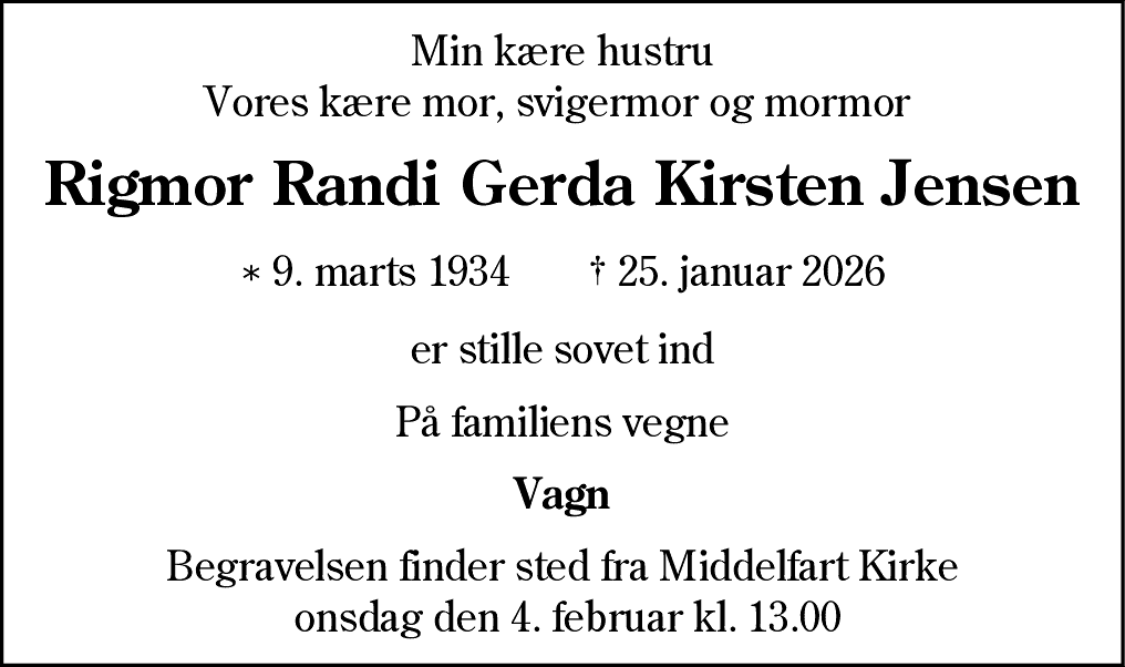 Dødsannonce for Rigmor Randi Gerda Kirsten Jensen