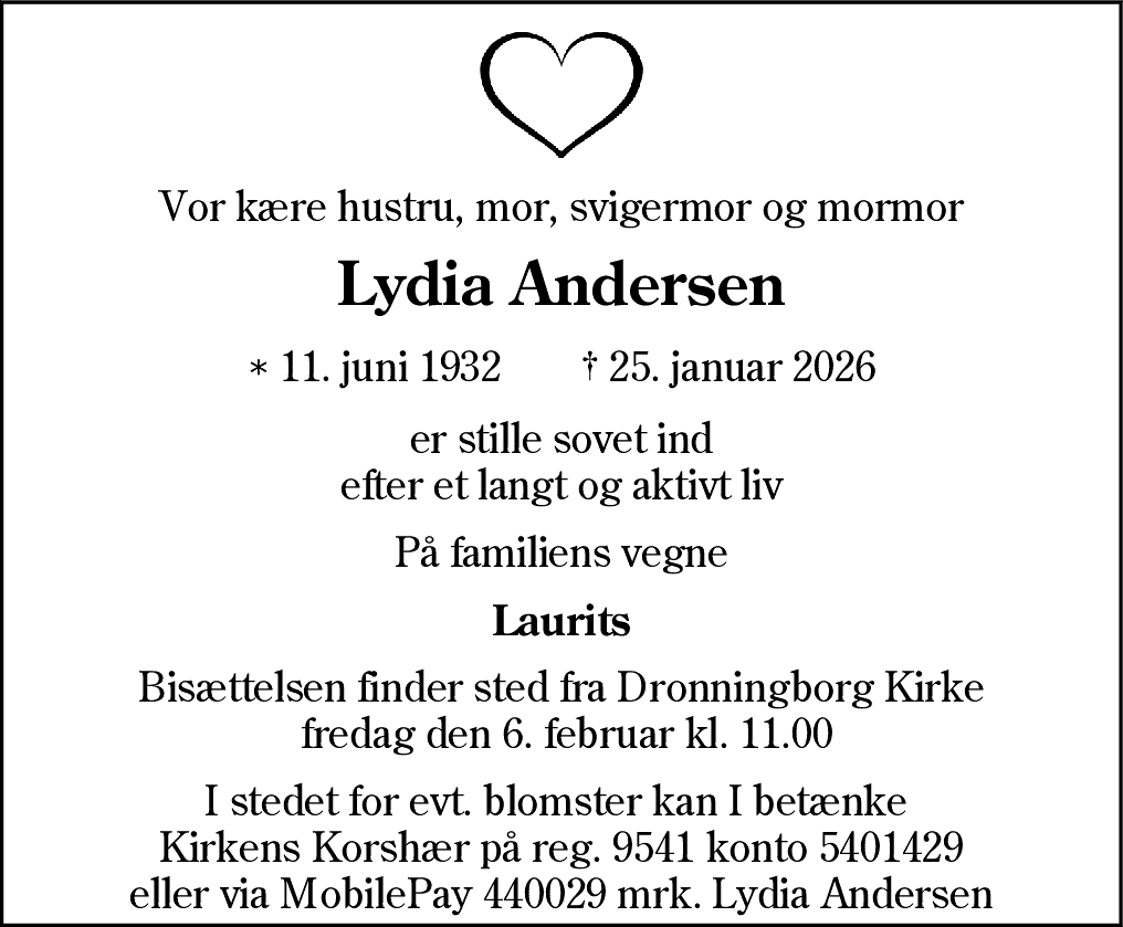Dødsannonce for Lydia Andersen