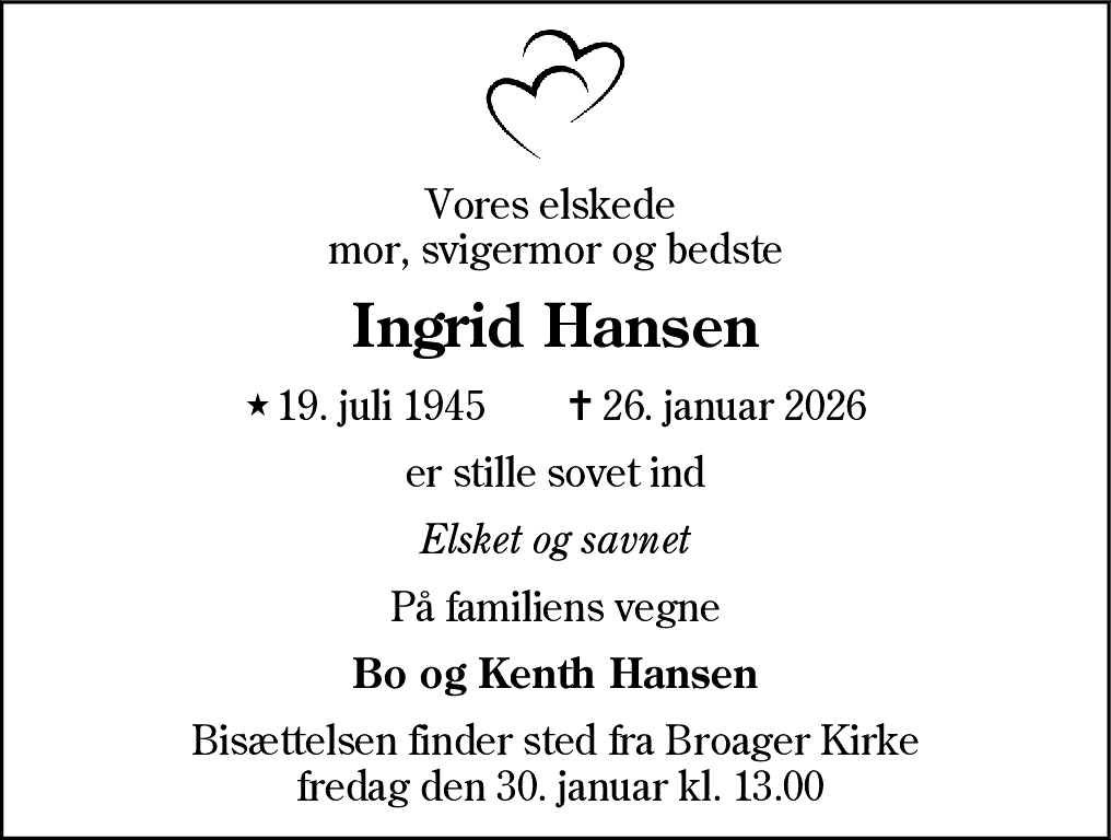 Dødsannonce for Ingrid Hansen