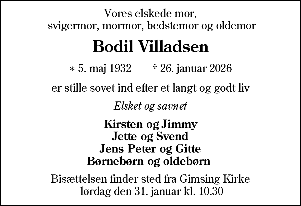 Dødsannonce for Bodil Kathrine Villadsen