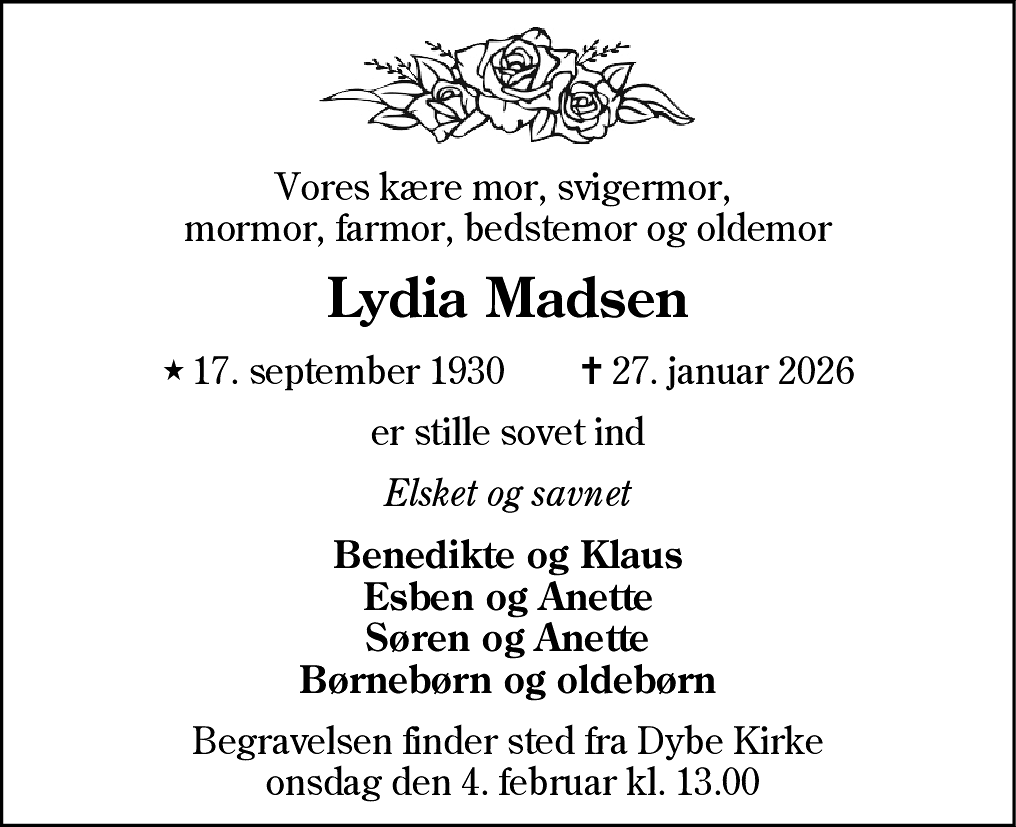 Dødsannonce for Lydia Madsen