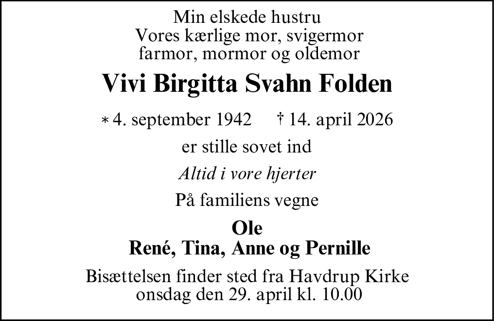 Dødsannonce for Vivi Birgitta Svahn Folden
