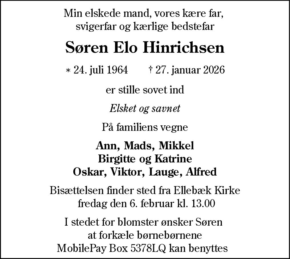 Dødsannonce for Søren Elo Hinrichsen