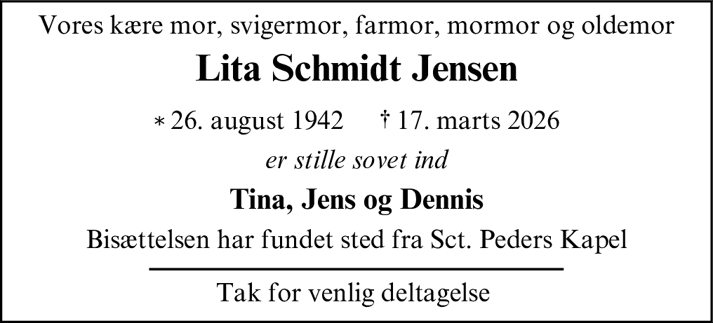 Dødsannonce for Lita Schmidt Jensen