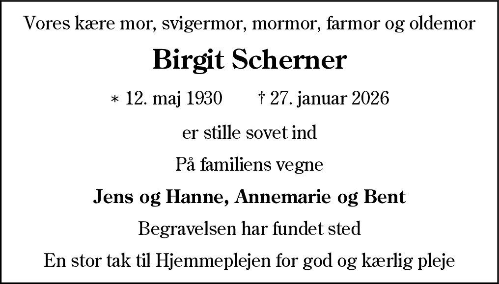 Dødsannonce for Birgit Scherner