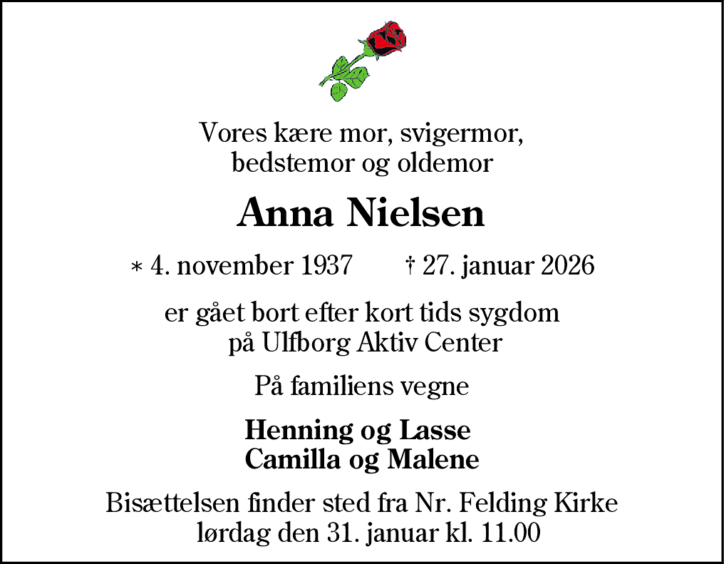 Dødsannonce for Anna Nielsen
