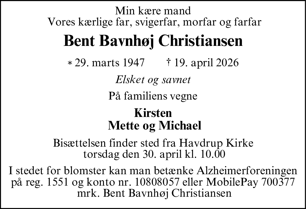 Dødsannonce for Bent Bavnhøj Christiansen