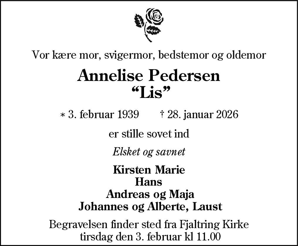 Dødsannonce for Annelise Pedersen