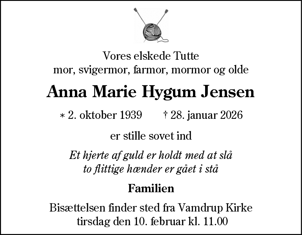 Dødsannonce for Anna Marie Hygum Jensen