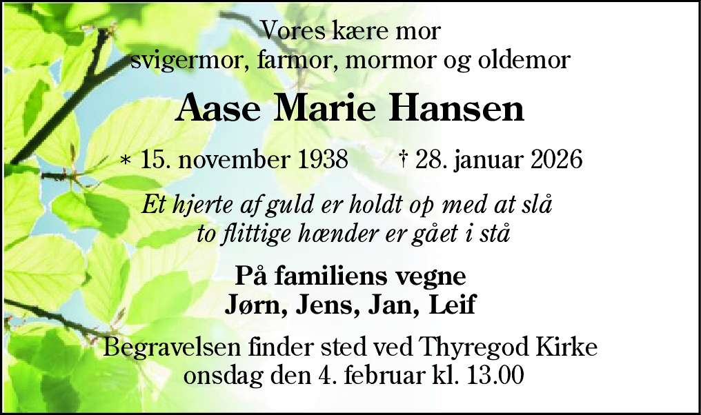 Dødsannonce for Aase Marie Hansen