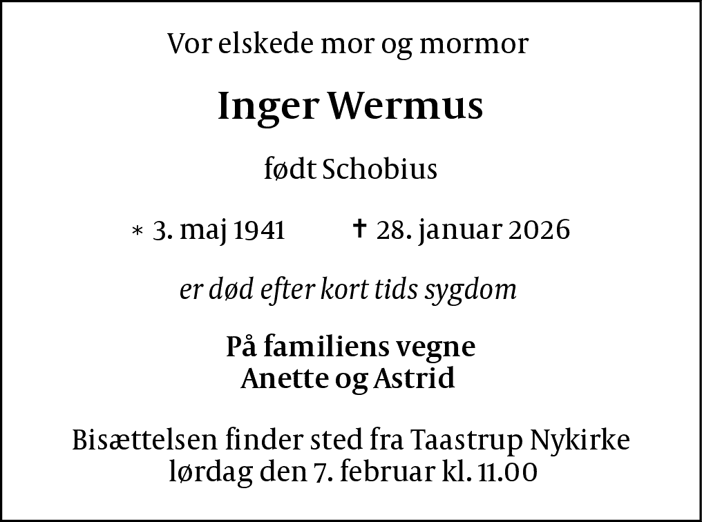 Dødsannonce for Inger Wermus