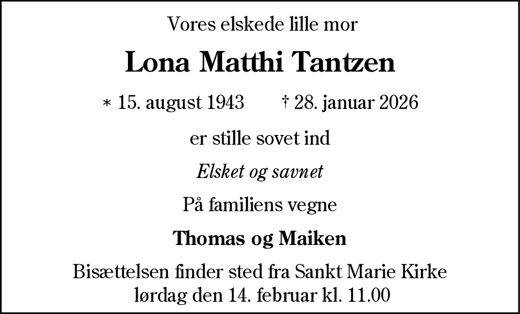 Dødsannonce for Lona Matthi Tantzen
