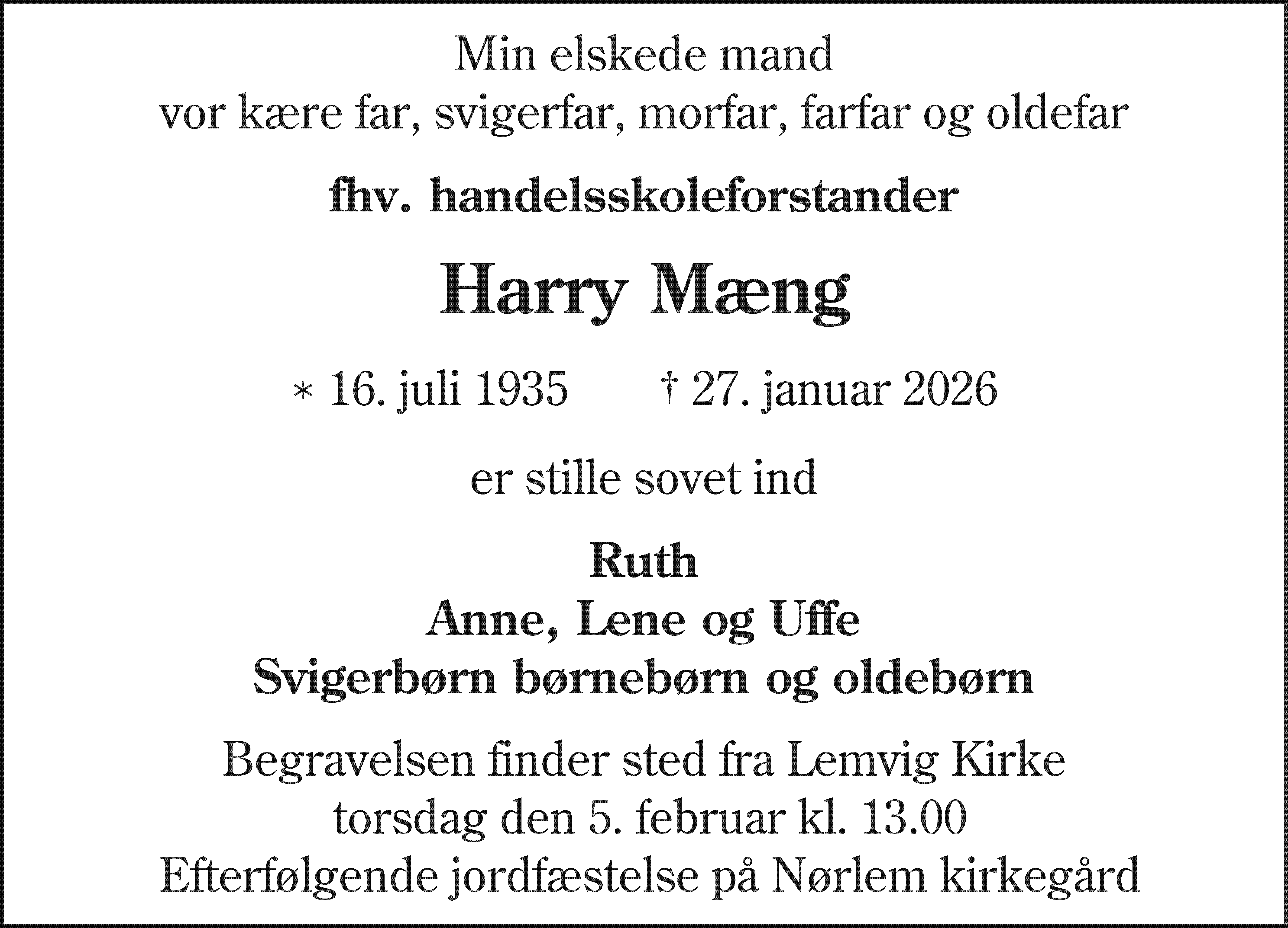 Dødsannonce for Harry Mæng