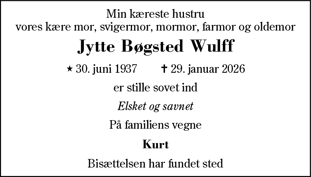 Dødsannonce for Jytte Bøgsted Wulff