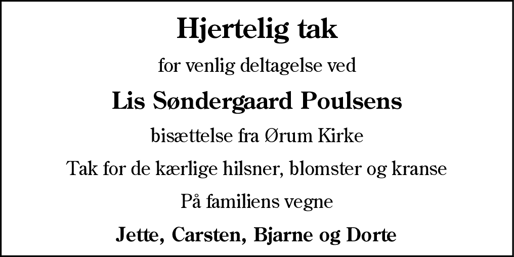 Dødsannonce for Lis Søndergaard Poulsen