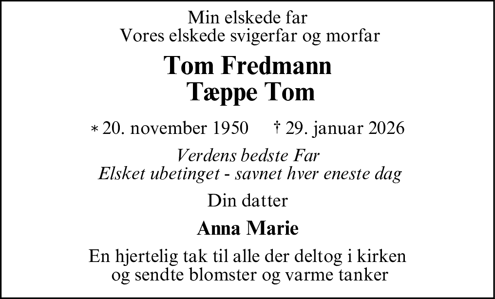 Dødsannonce for Tom Fredmann Sørensen