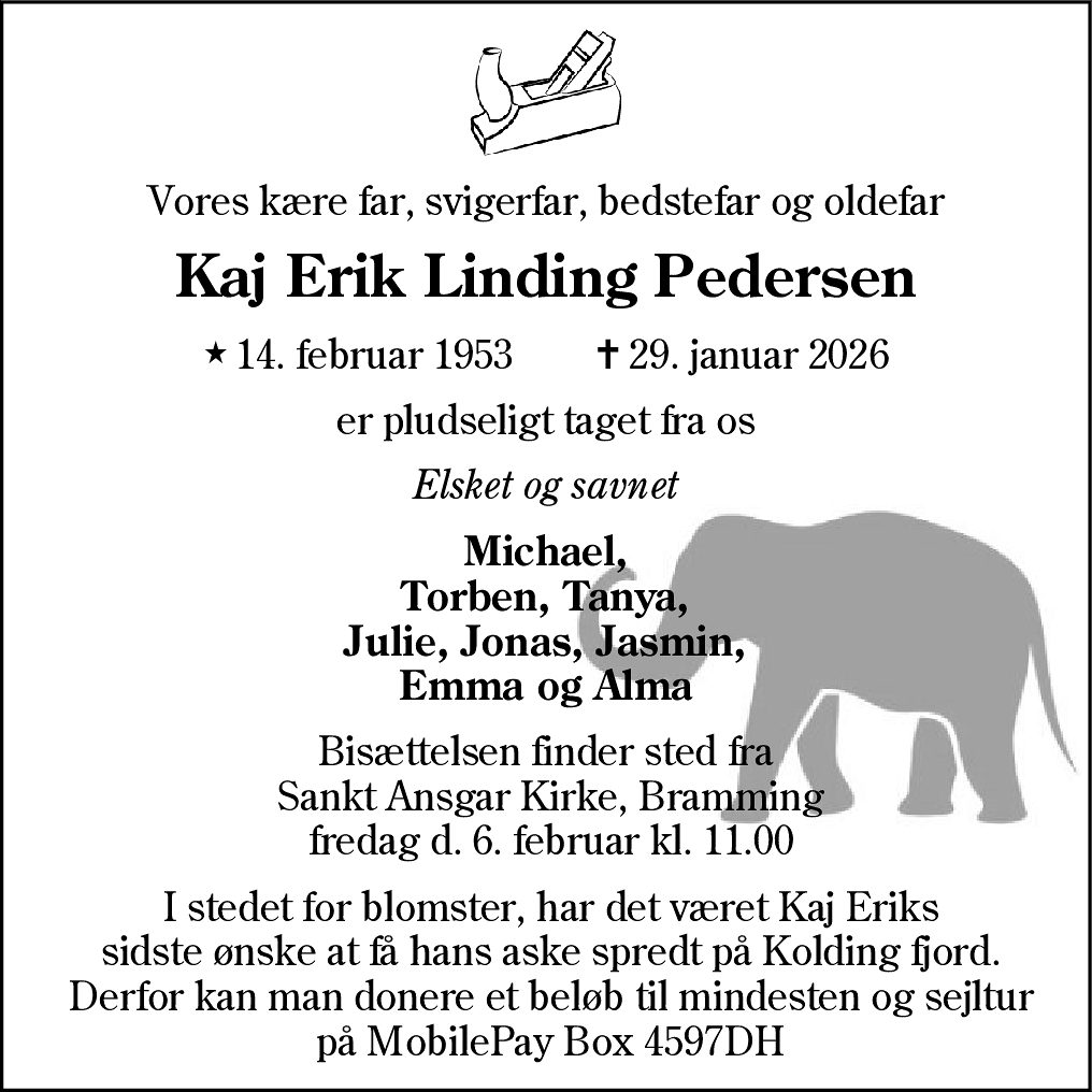 Dødsannonce for Kaj Erik Linding Pedersen