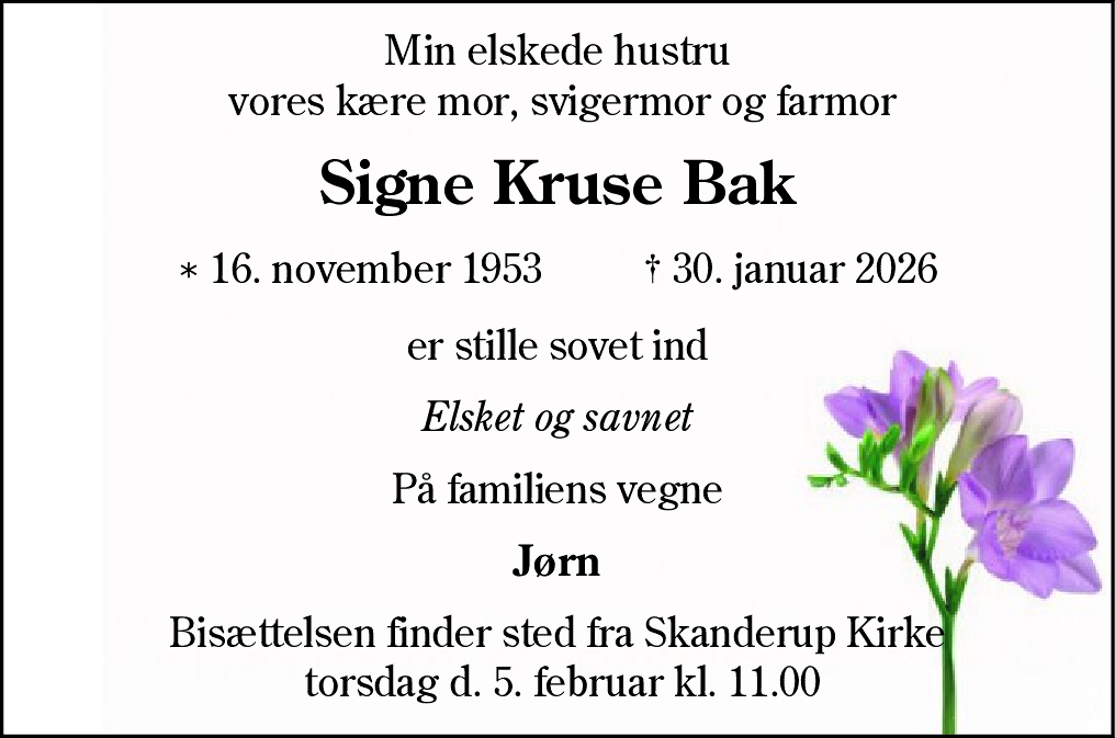 Dødsannonce for Signe Kruse Bak