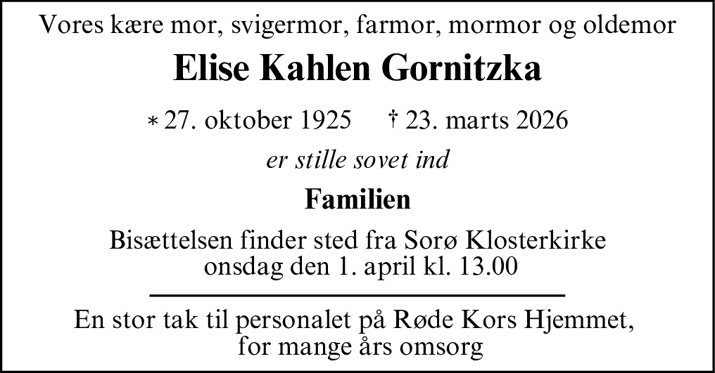 Dødsannonce for Elise Kahlen Gornitzka