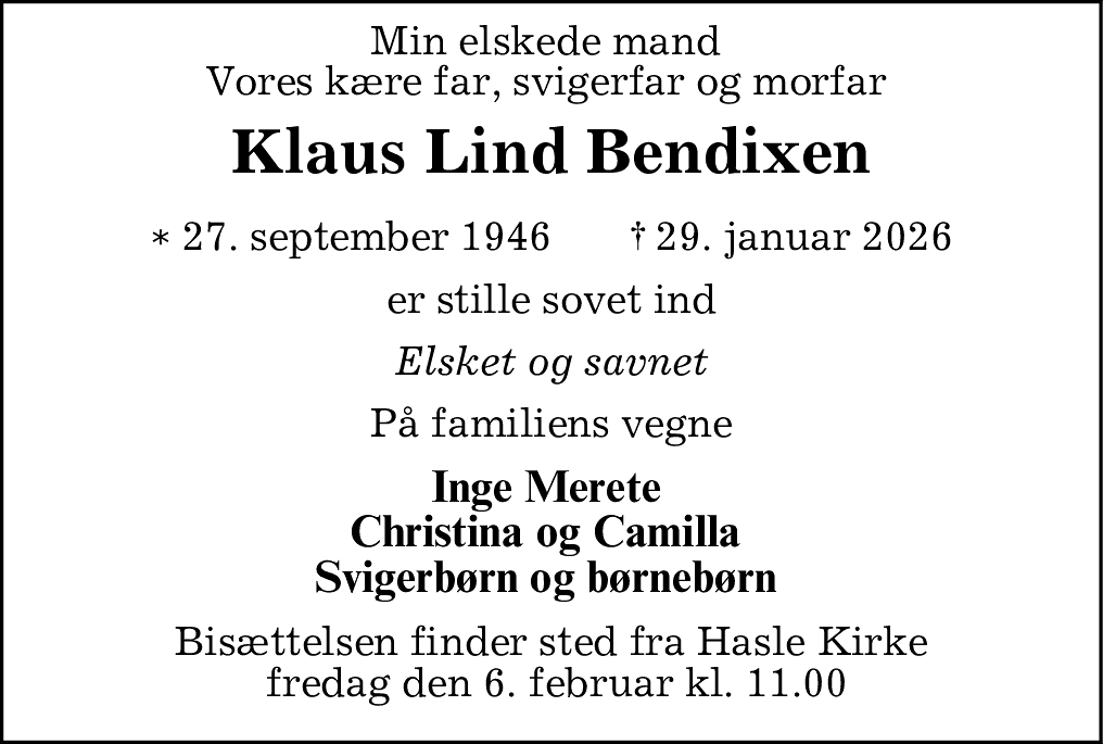 Dødsannonce for Klaus Lind Bendixen