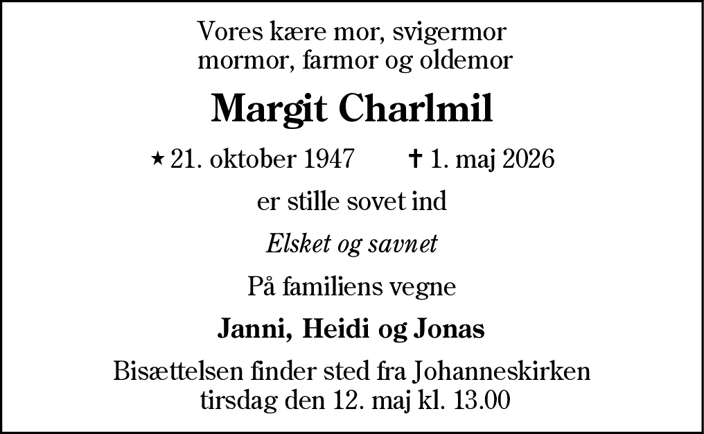 Dødsannonce for Margit Charlmil