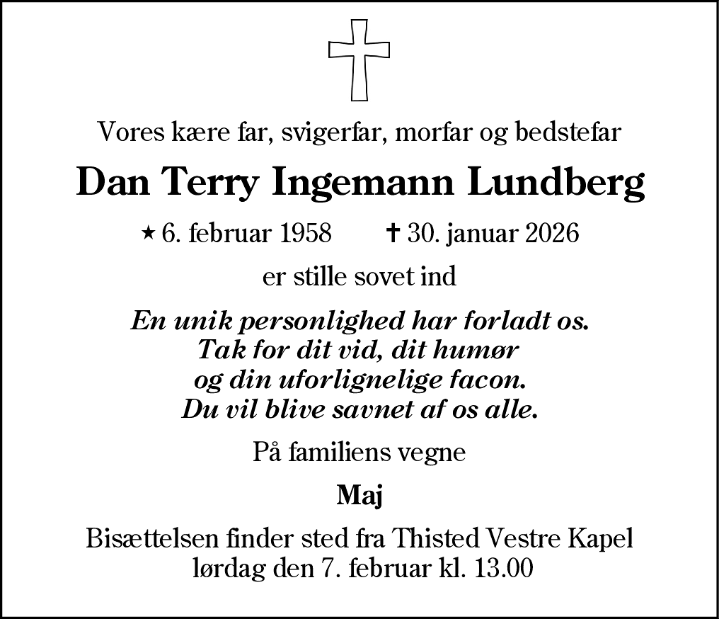 Dødsannonce for Terry Ingemann Lundberg