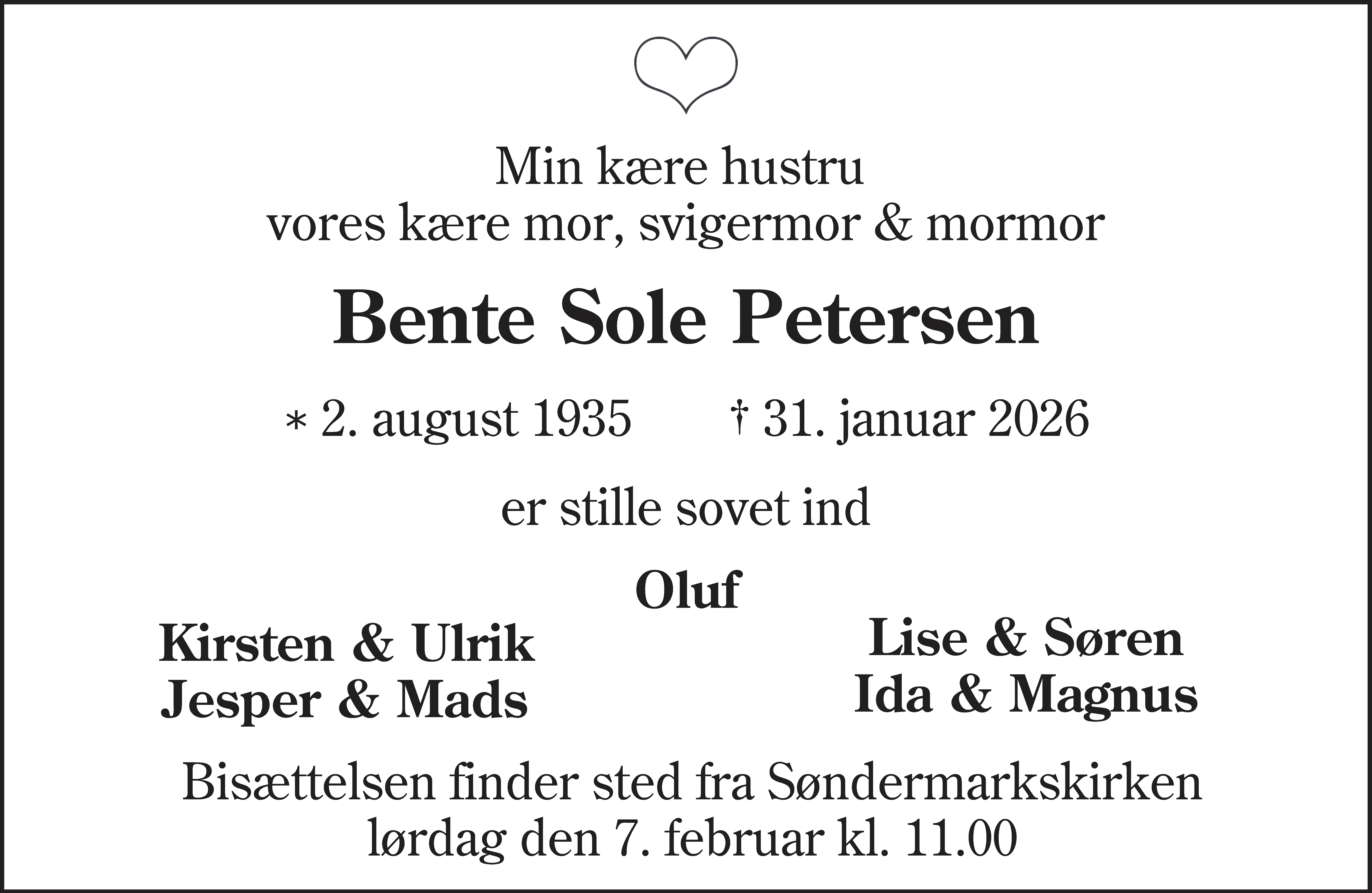 Dødsannonce for Anny Bente Sole Petersen