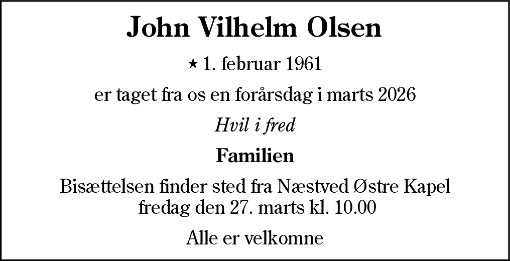 Dødsannonce for John Vilhelm Olsen