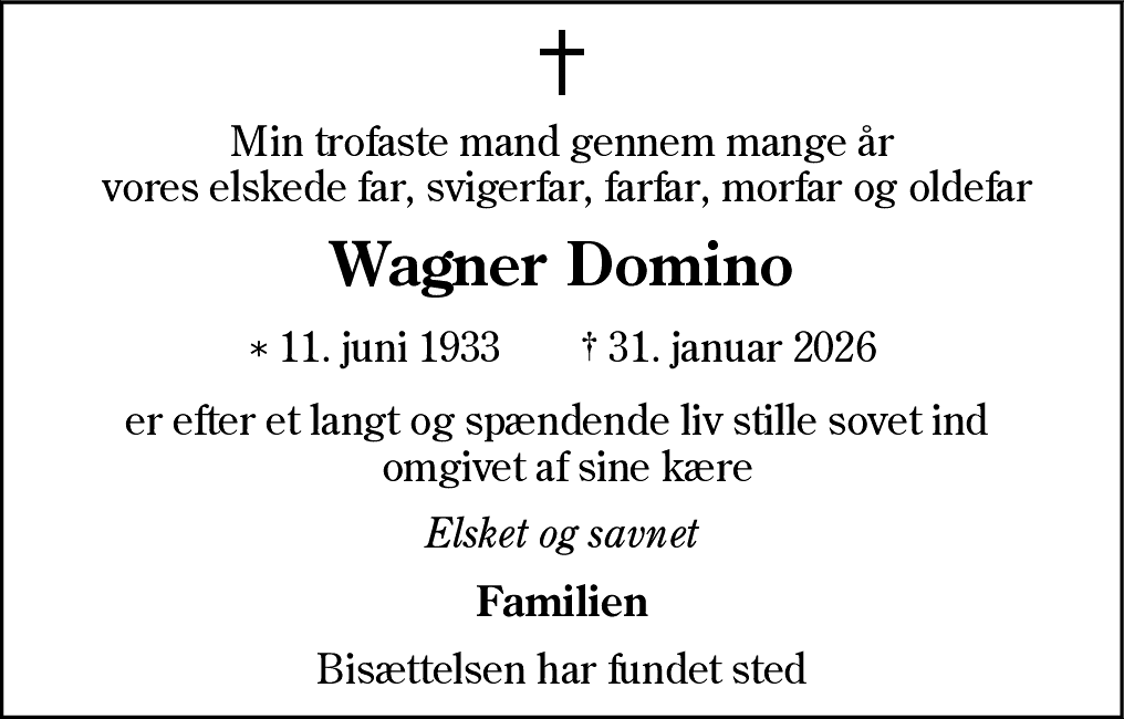 Dødsannonce for Wagner Domino