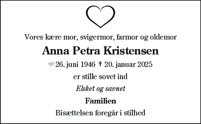 Dødsannonce for Anna Petra Kristensen