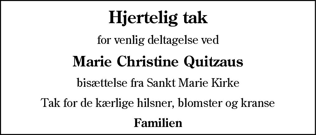 Dødsannonce for Marie Christine Quitzau