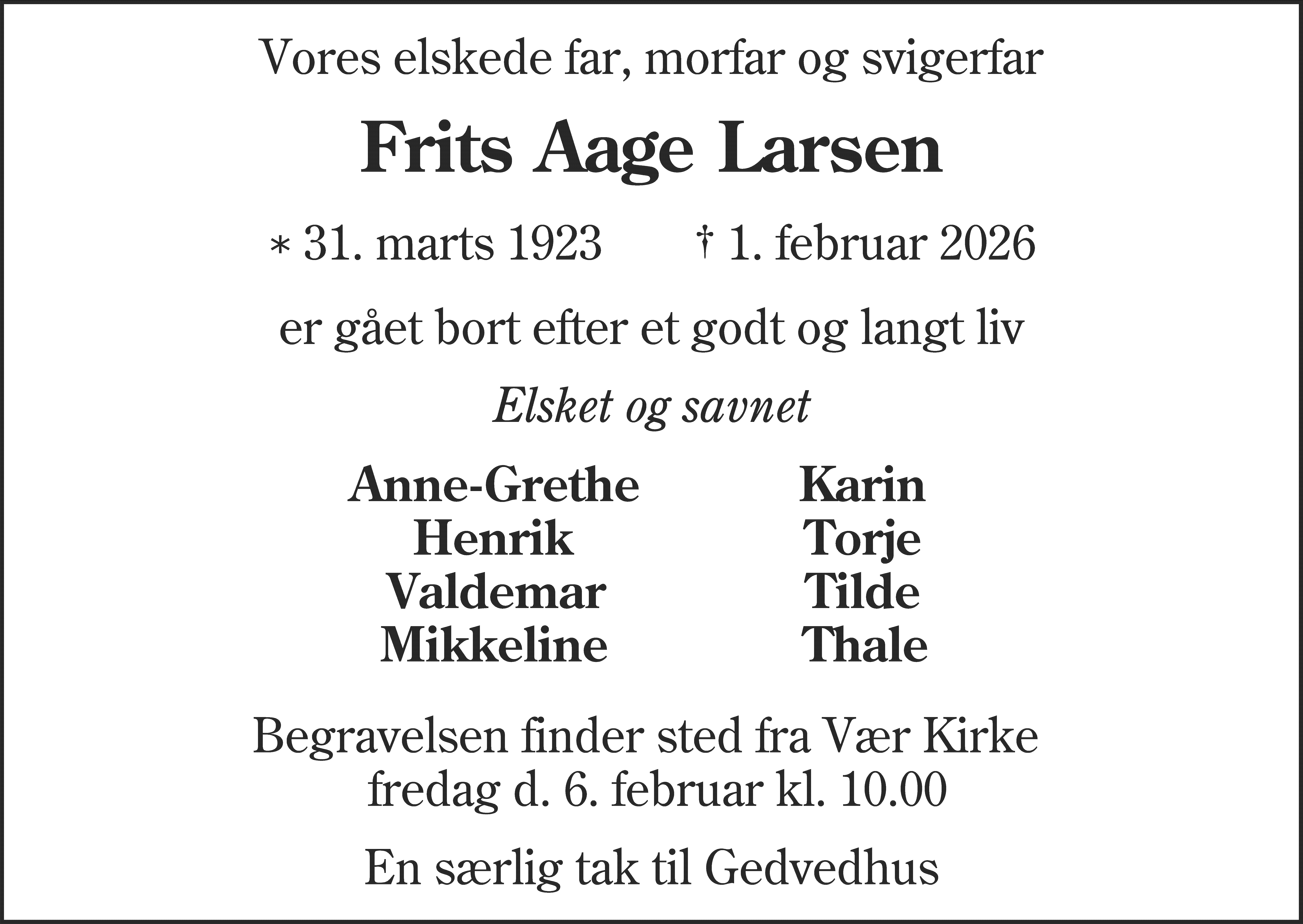 Dødsannonce for Frits Aage Larsen