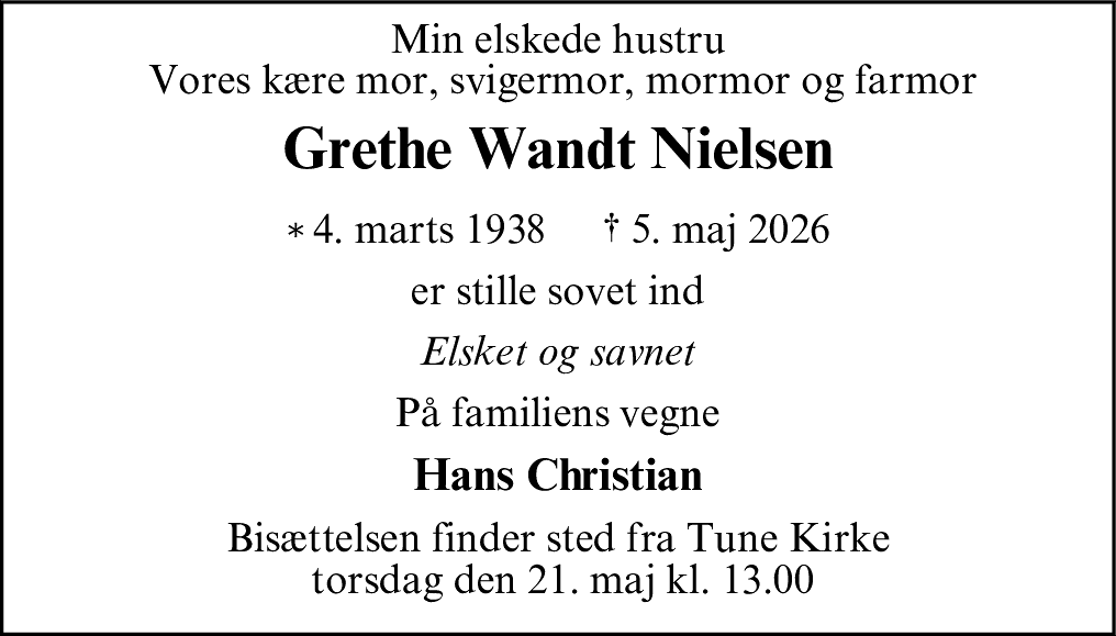 Dødsannonce for Margrethe Wandt Nielsen