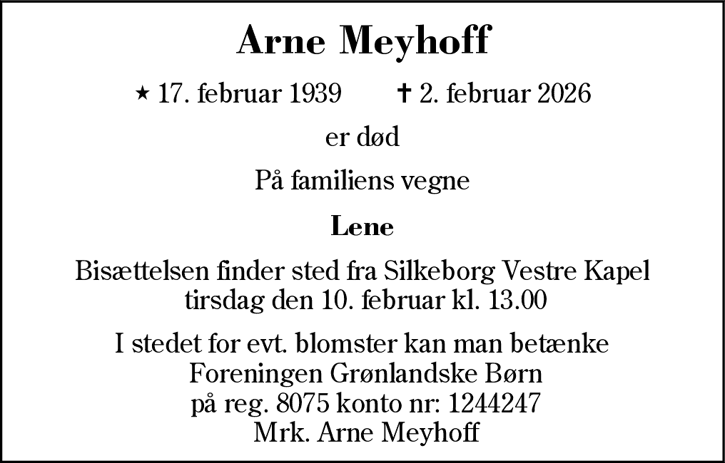 Dødsannonce for Arne Peter Meyhoff