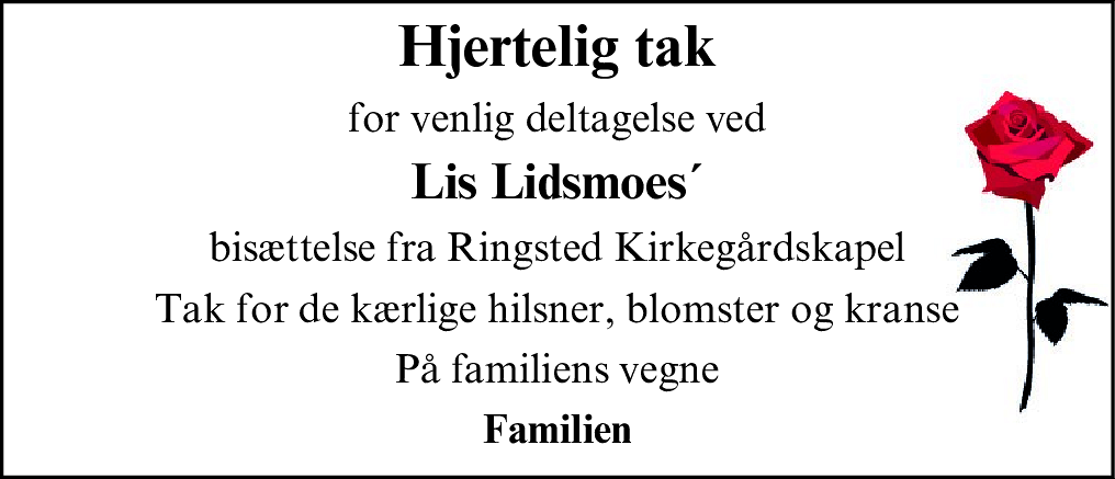 Dødsannonce for Lis Lidsmoes