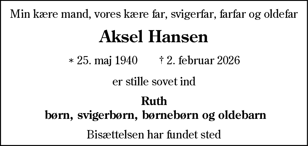 Dødsannonce for Aksel Hansen