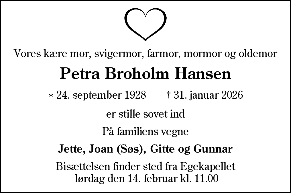 Dødsannonce for Petra Broholm Hansen
