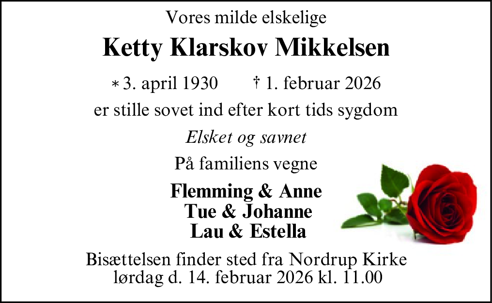 Dødsannonce for Ketty Klarskov Mikkelsen