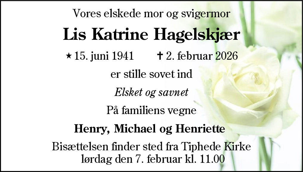 Dødsannonce for Lis Katrine Hagelskjær