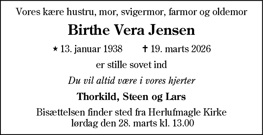 Dødsannonce for Birthe Vera Jensen