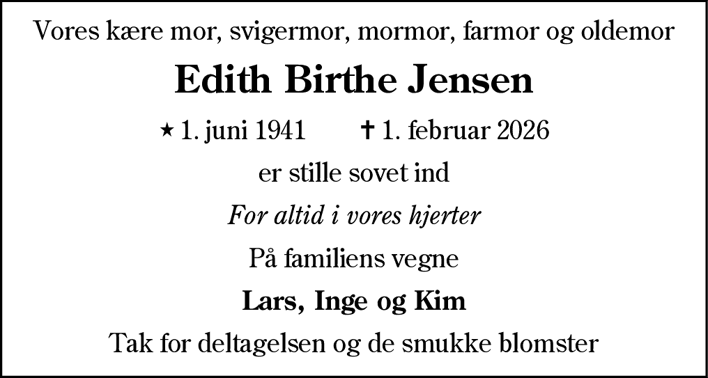Dødsannonce for Edith Birthe Jensen