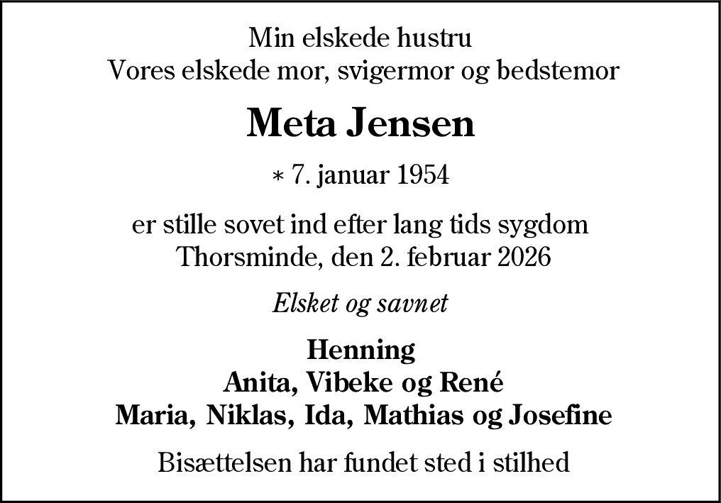 Dødsannonce for Meta Jensen